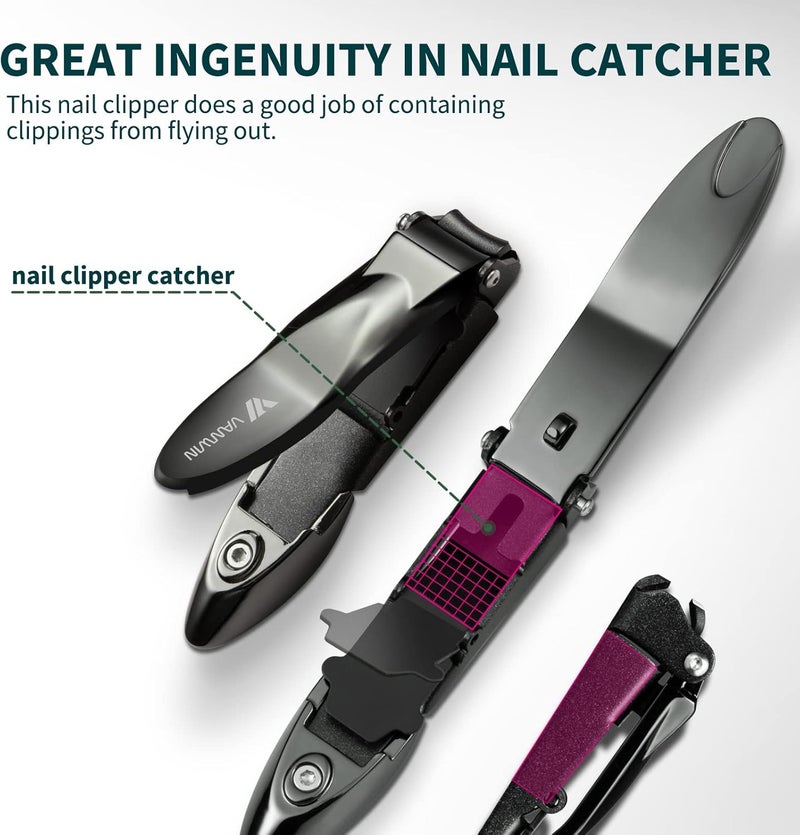 VANWIN Nail Clippers with Catcher, No Splash Fingernail Toenail Clippers with Sharp Curved Blade and Glass Nail File, Wide Jaw Opening Stainless Steel Nail Cutter Trimmer for Seniors Adult Men Women - Image 2